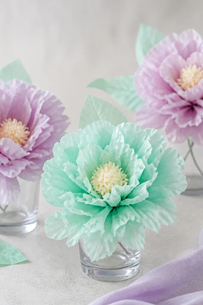 Pastel mint and lavender tissue flowers with pale centers. They're arranged in small glass cups with a few mint-green tissue leaves.