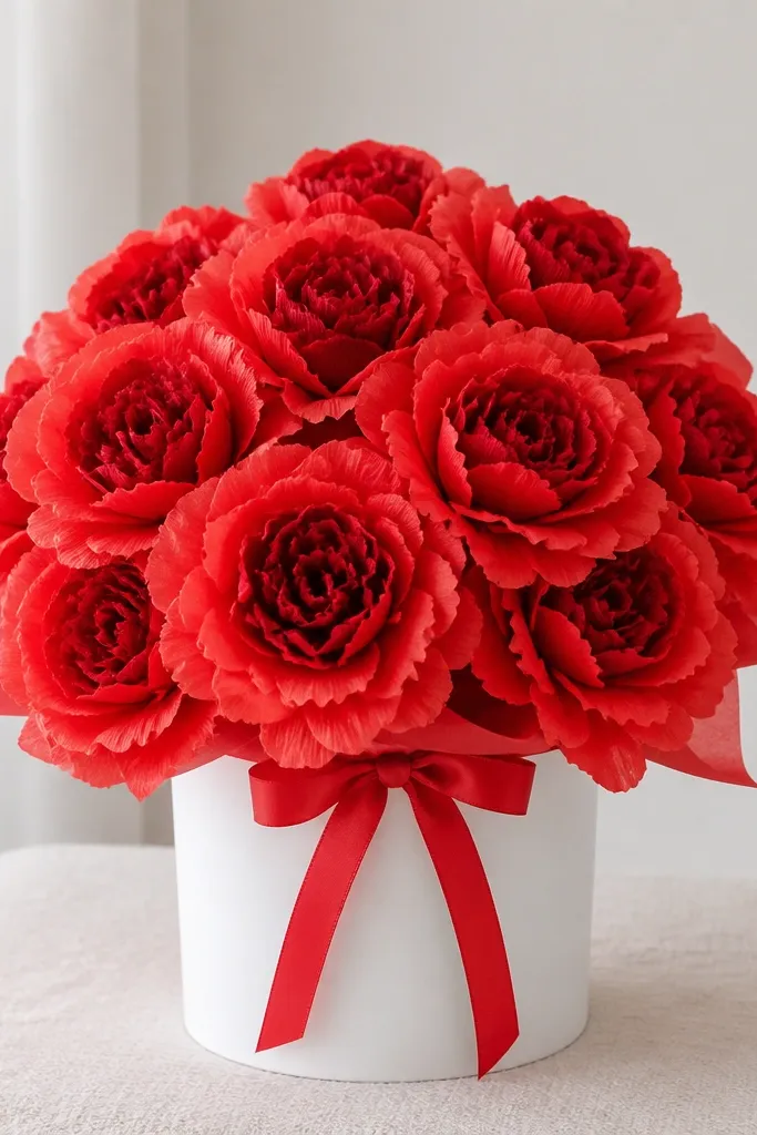 Two-tone red tissue flowers where inner petals are deep red and outer petals are lighter red. The bouquet is tied with a matching red ribbon and placed in a white bucket.