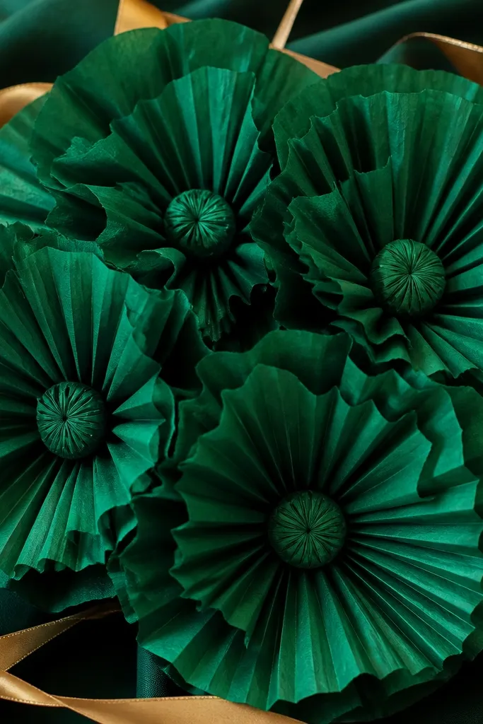 Large emerald green tissue flowers with crisp pleats and a tight center. The bouquet is arranged on a dark green fabric background with gold ribbon accents.