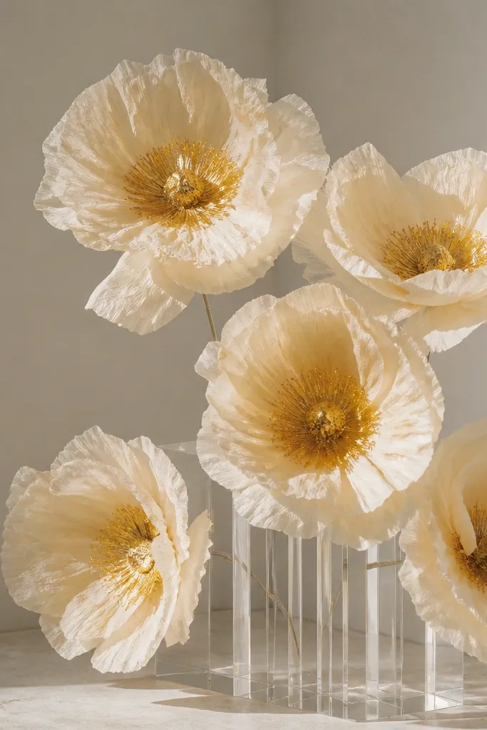 Tissue flowers in soft cream with centers that look dipped in gold. The gold is concentrated at the middle, with a few blooms arranged in a clear acrylic stand.