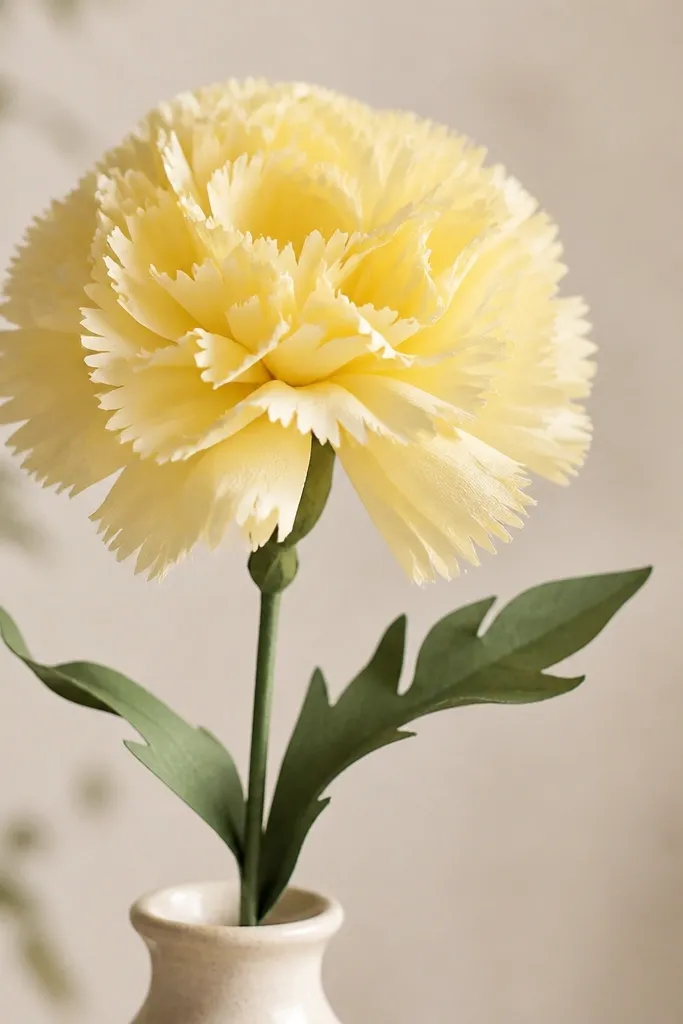A tissue flower with fringed petals - the outer edges have small cuts that make a feathery look. The flower is in pale yellow with a green stem and leaf accents.