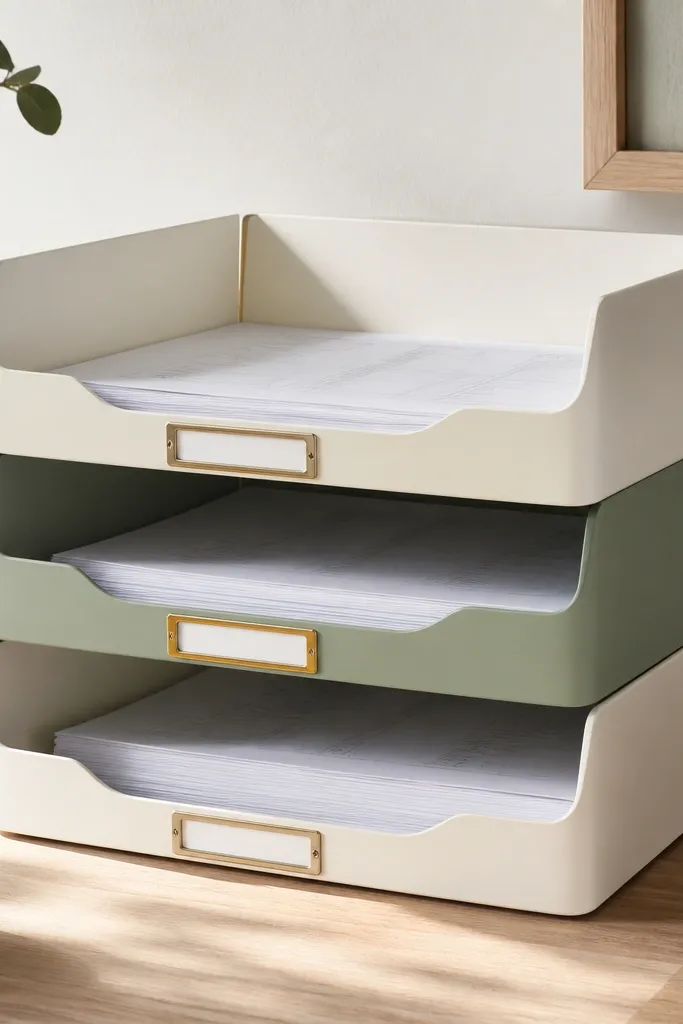 Three stacked letter-size trays in alternating colors: cream, sage green, and cream again. Each tray has a visible label strip on the front: Today, Sign, Filed. Loose worksheets are neatly aligned at the bottom of each tray.