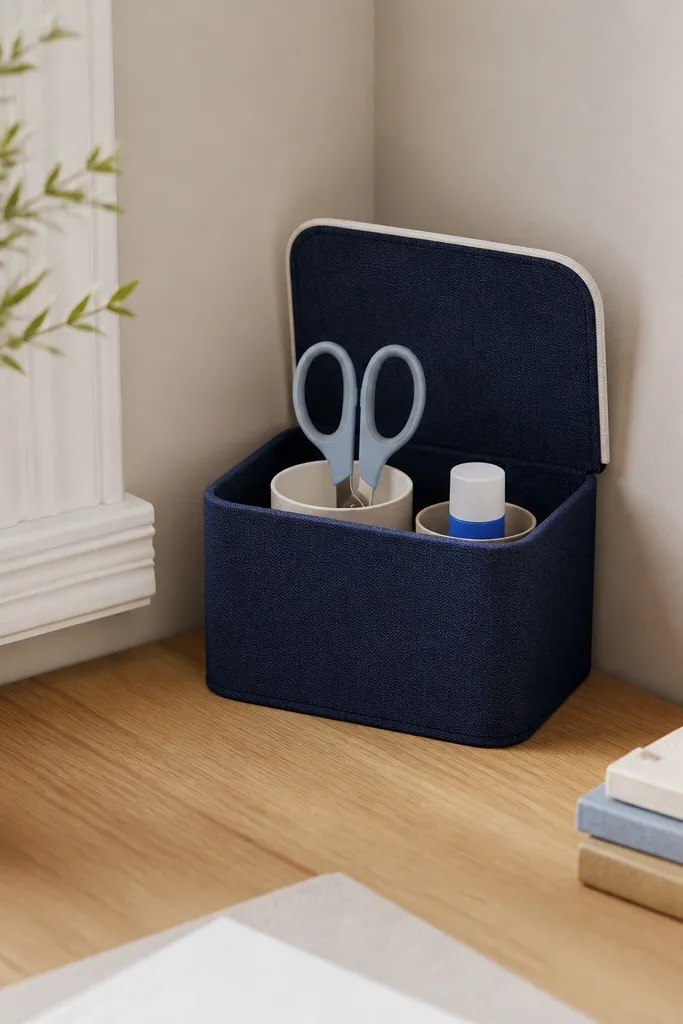 A small lidded bin tucked into the desk corner. The lid is fabric in navy with a white trim. A pair of scissors and a glue stick sit upright in two pencil cups inside the bin.