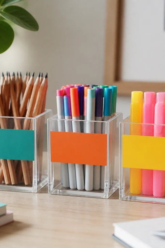 Three clear acrylic pencil cups on a desk, each with a thick color-block label strip on the front. The left cup has a teal strip for pencils, the middle has an orange strip for markers, and the right has a yellow strip for highlighters.