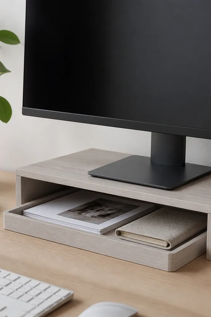 A monitor sitting on a low wooden riser. Under it, a shallow tray holds a small stack of printouts and a folded notebook. The tray is light wood or light gray, matching the riser.