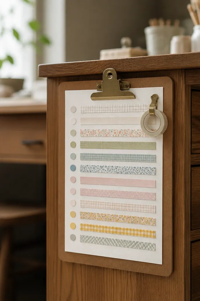 A clipboard mounted vertically on the side of the desk. Strips of washi tape are placed in neat rows across a sheet of thick cardstock, each strip labeled with a marker dot. A small metal clip holds a roll of tape at the top.