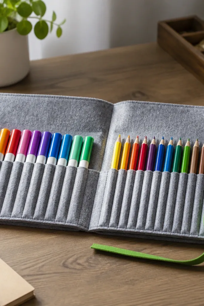 A soft felt roll-up pouch laid on a desk. It has two sections with stitched pockets: one for markers, one for colored pencils. The felt is gray with a bright green tie strap. Markers are aligned neatly inside pockets.