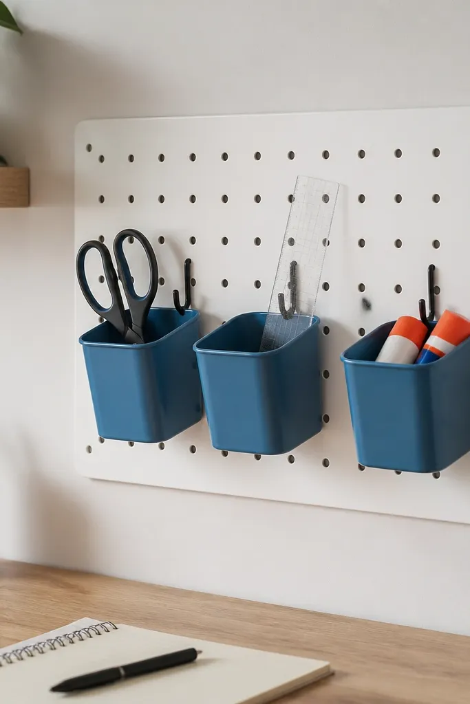 A small pegboard panel mounted behind a desk. Three mini metal trays hang from peg hooks, holding scissors, a clear ruler, and glue sticks. The pegboard is painted matte white, with black hooks and a blue tray.