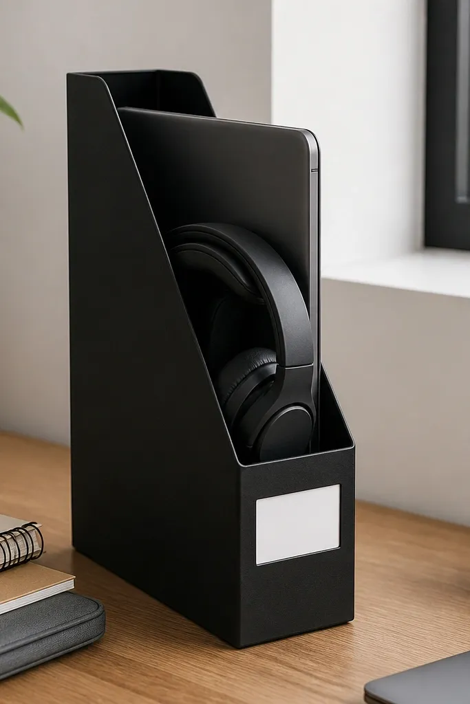 A slim magazine file holder standing on the desk. It holds a tablet vertically and a pair of over-ear headphones folded beside it. The holder is black with a clean white label strip that reads School Tech.