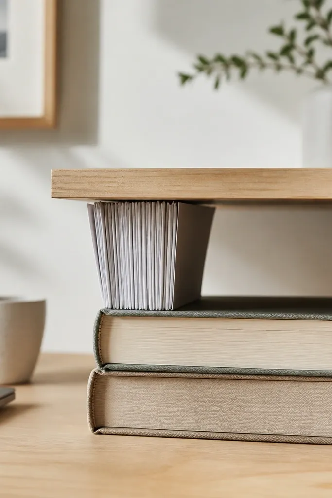 Two thick books stacked under a thin wooden ledge attached to the desk. Between the books and ledge, a stack of papers sits upright like a book end. The ledge is light wood; the books have muted covers.