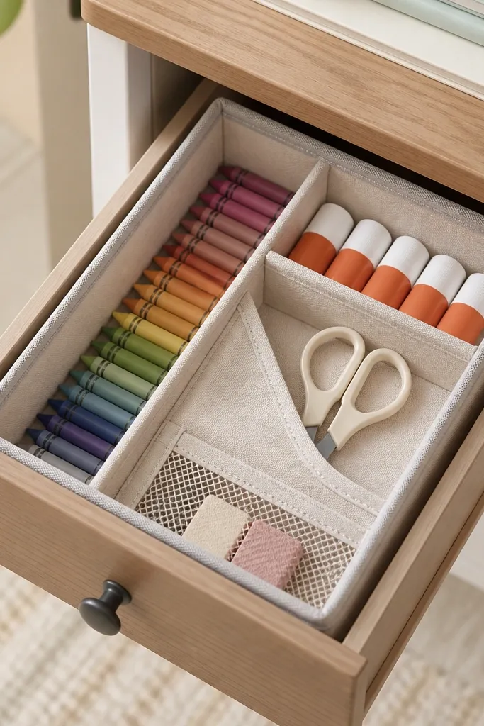 A desk drawer with a fabric organizer insert. There are four sections: a long slot for crayons, a divided area for glue sticks, a pocket for scissors, and a small mesh pocket for erasers. The fabric is light beige with gray stitching.