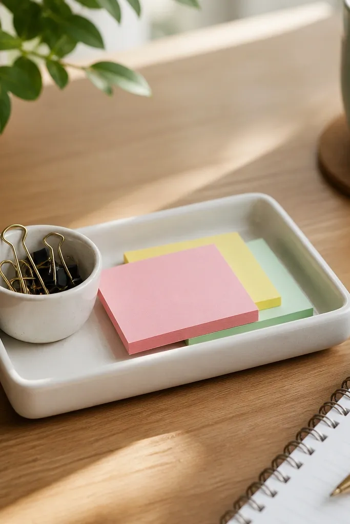 A small ceramic tray on the desk holding sticky notes in different colors. A tiny cup on one side holds paper clips and binder clips. The tray sits next to the writing area.