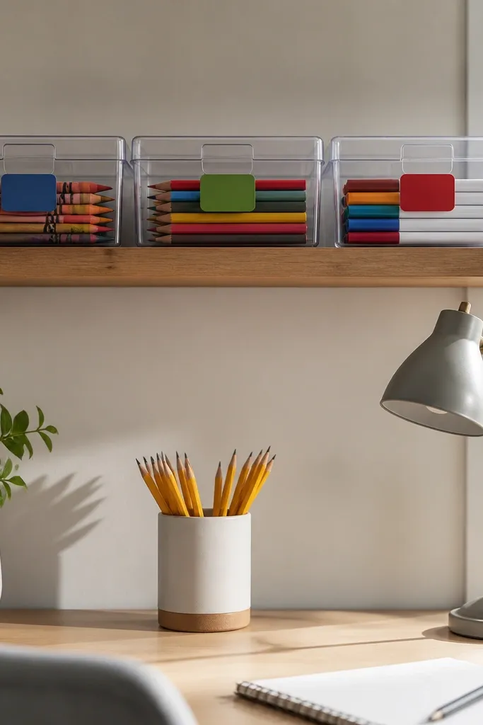 Three clear stackable boxes on a shelf above the desk. Each box has a colored tag on the front: blue for crayons, green for colored pencils, and red for markers. The lids are on, and the boxes are aligned perfectly.