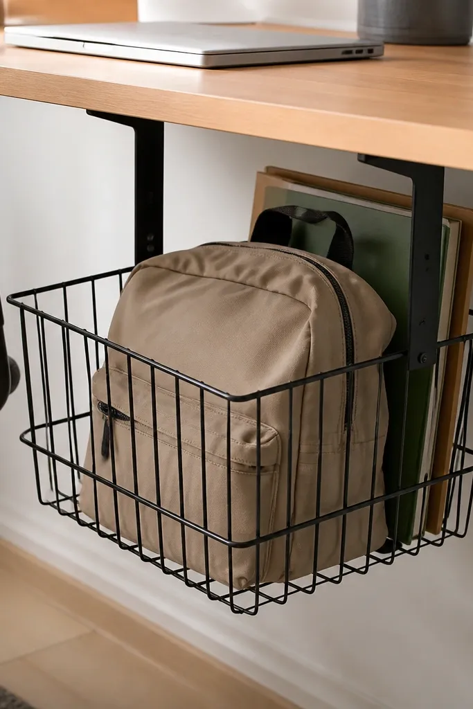 A wire basket mounted under the desk. A backpack sits inside, and two folders are leaned against the back. The basket has a black finish and is attached with metal brackets.