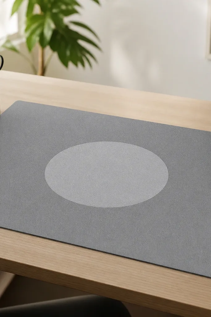 A large gray desk mat on top of a desk. In the center, a lighter circle marks the "no-stack zone." Around it, a pencil cup and a paper tray sit near the edges only.