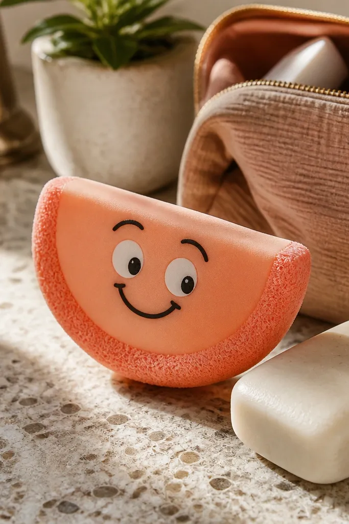 Peach slice squishy with a cute face and a fuzzy peach border