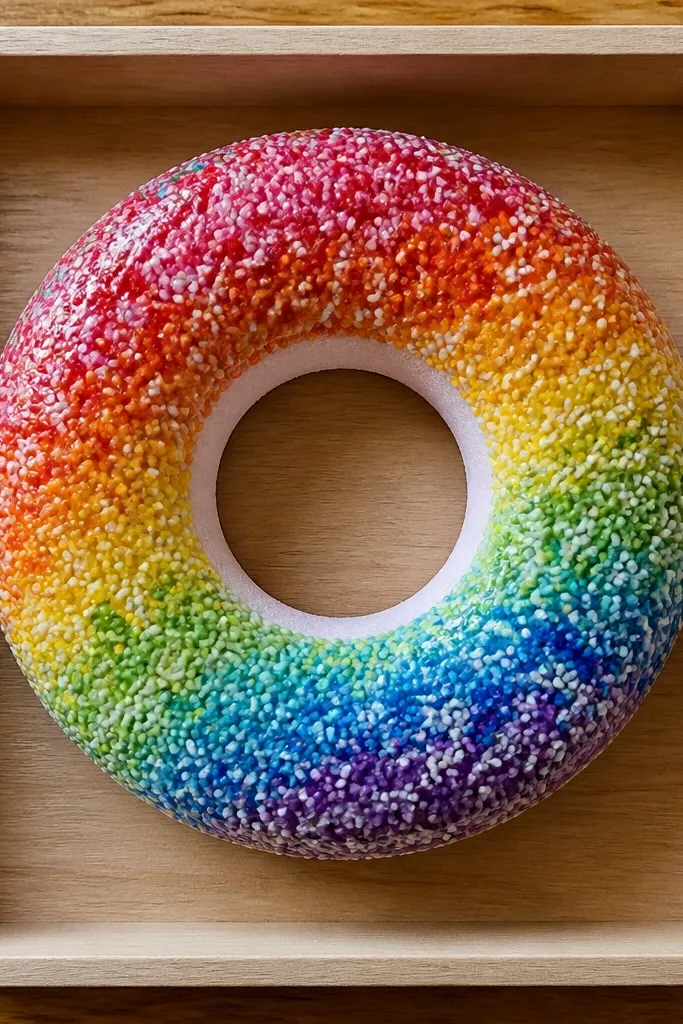 Donut-shaped paper squishy with rainbow sprinkles and a glossy glaze