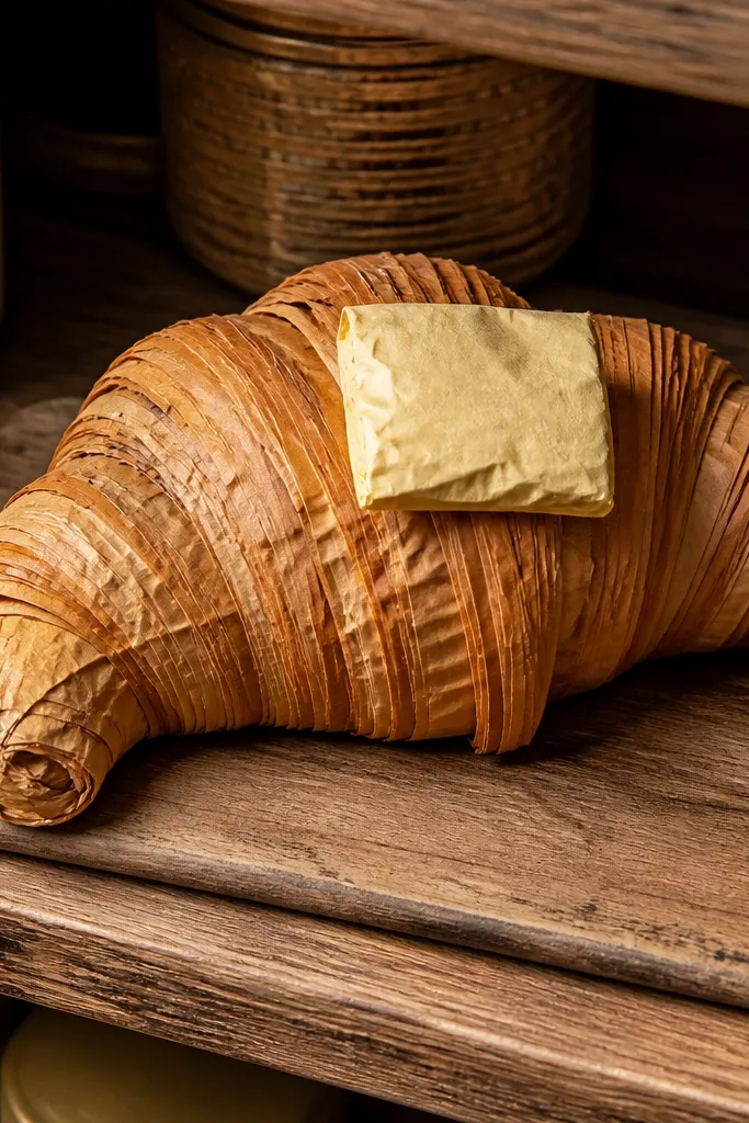 Croissant-shaped paper squishy with a butter-yellow patch and flaky layers