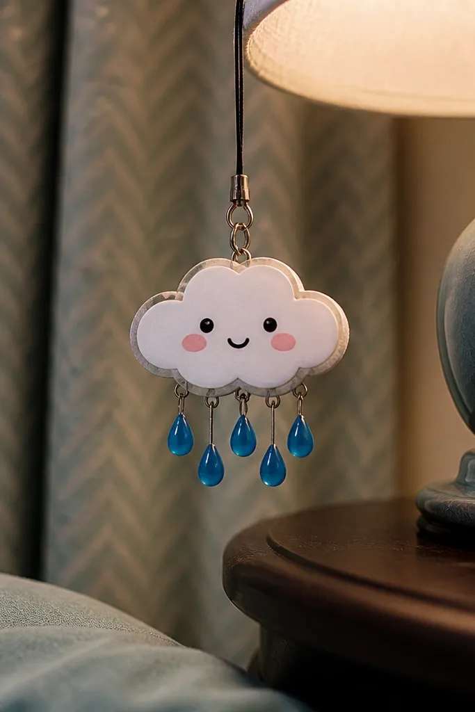 Soft white cloud squishy charm with three blue raindrops