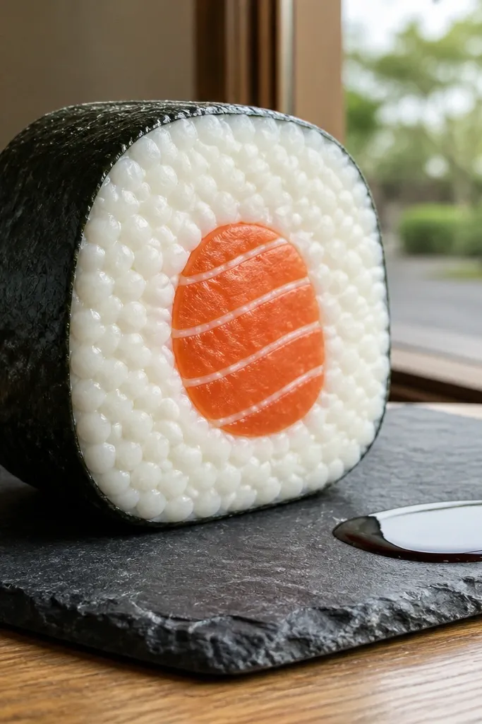 Paper sushi roll squishy with dark nori strip and rice texture