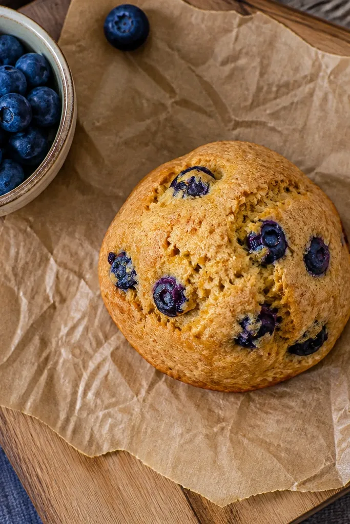 Muffin top squishy with dark blue berries and a warm brown paper base