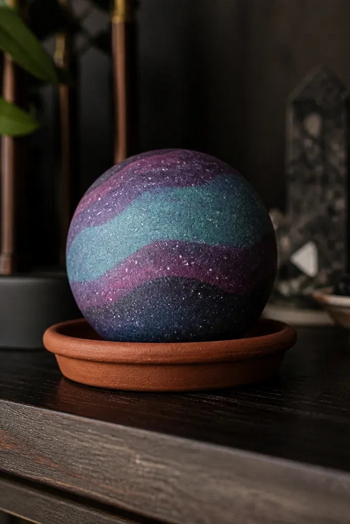 Round planet squishy with blue bands and tiny white star speckles