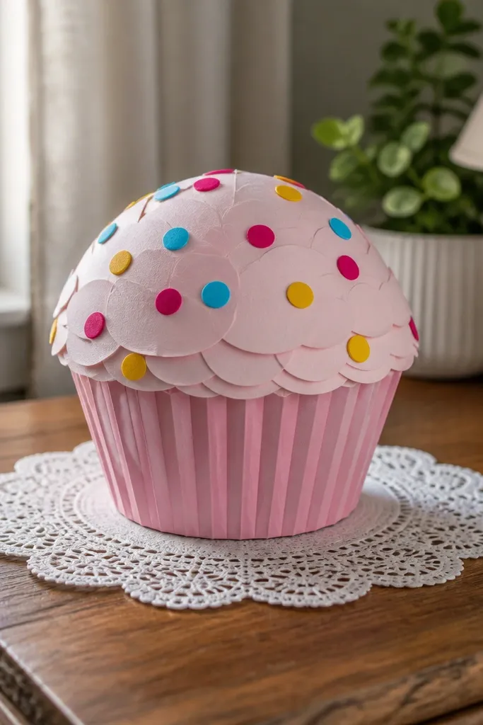 Cupcake squishy with pink frosting and sprinkles, standing upright