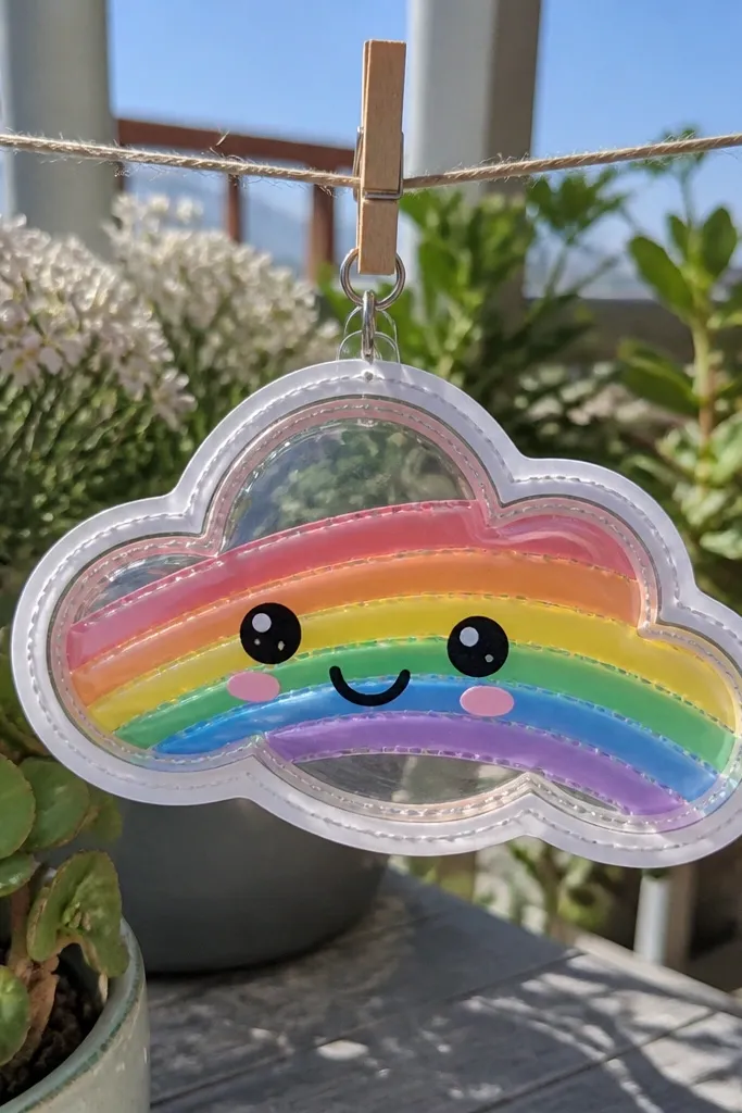Cloud tag squishy with rainbow stripe inside and a small hanging loop