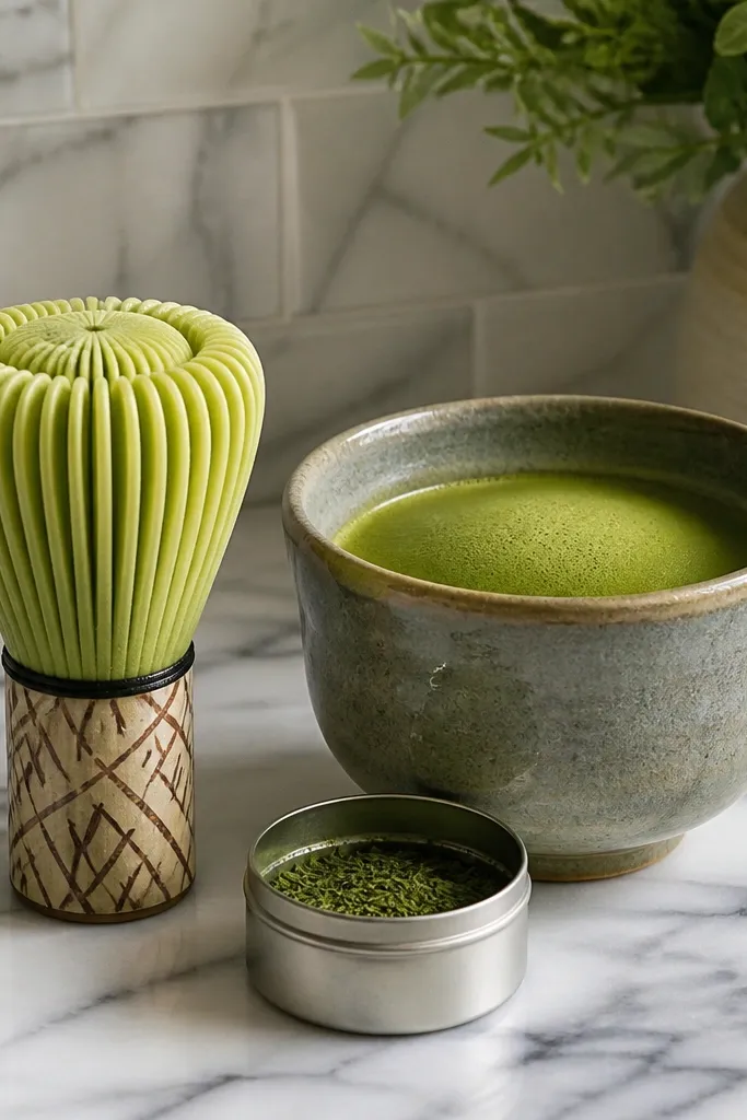 Small matcha cup squishy with green swirl and bamboo whisk handle