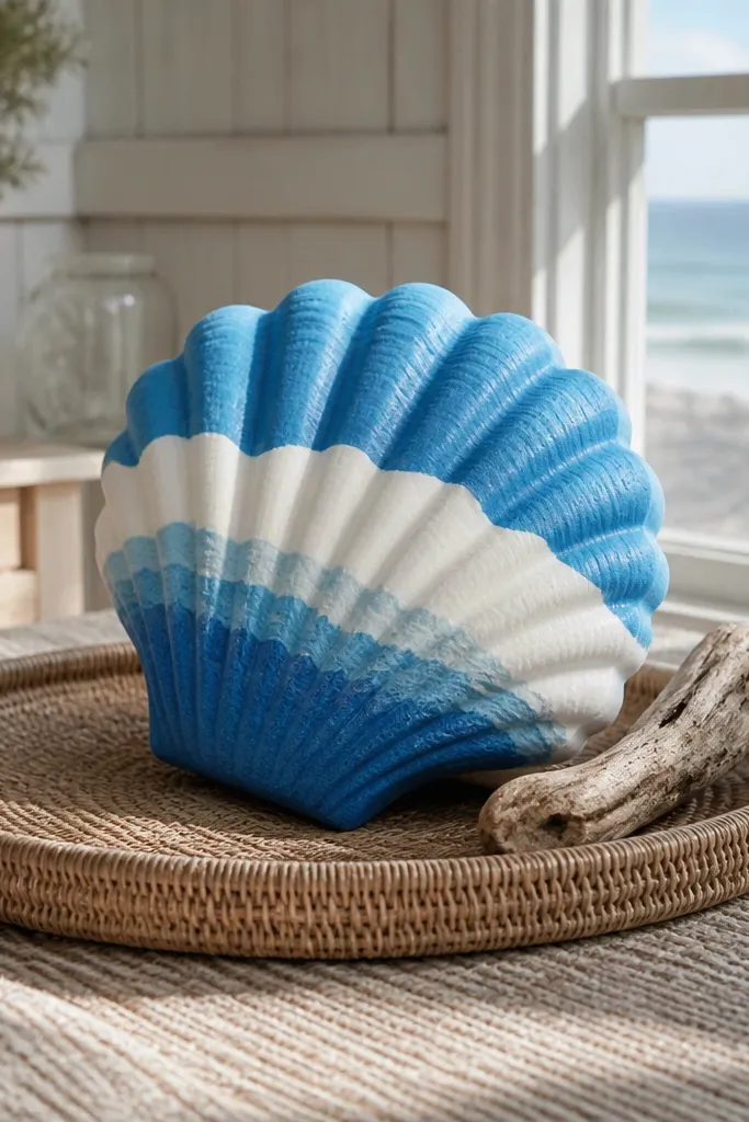 Shell-shaped squishy with blue wave stripes and a white edge
