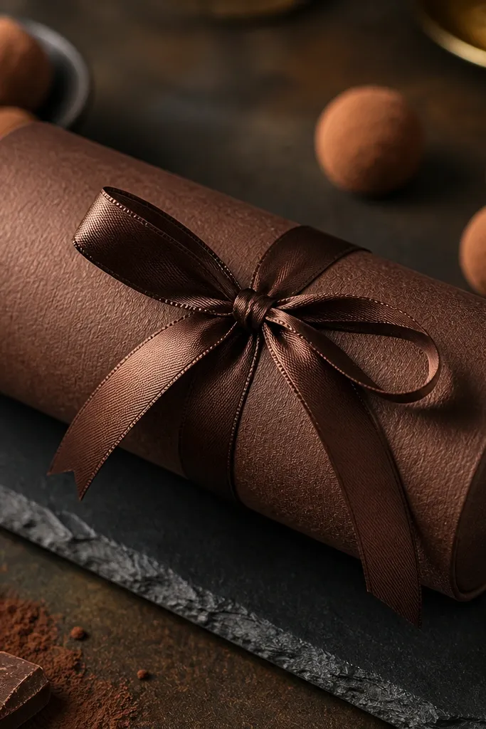 Chocolate truffle roll squishy with cocoa speckle and a ribbon tie