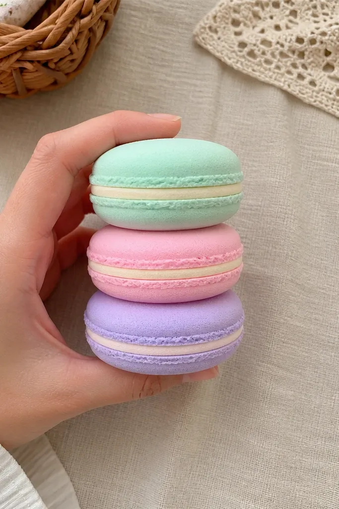 Three pastel macarons squishy set with filling centers