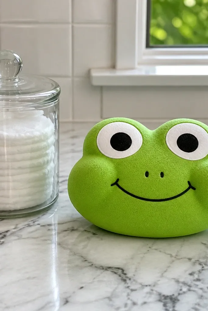 Green frog face squishy with big eyes and a smiling mouth