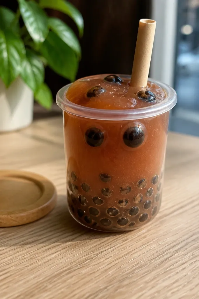 Boba tea cup squishy with black tapioca pearls and a pink straw