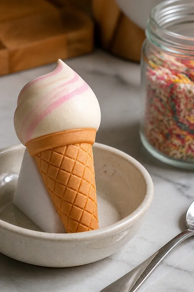 Ice cream cone squishy with waffle pattern and two-tone scoop