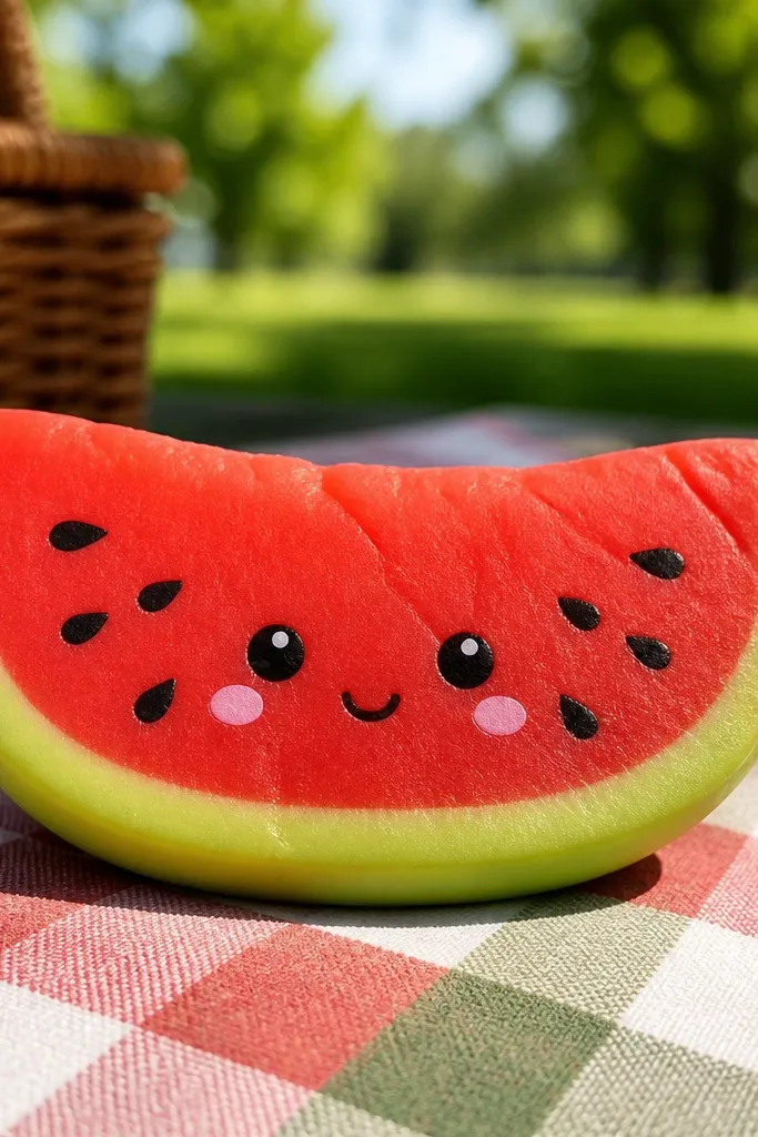 Watermelon slice squishy with green rind, red flesh, and a simple face