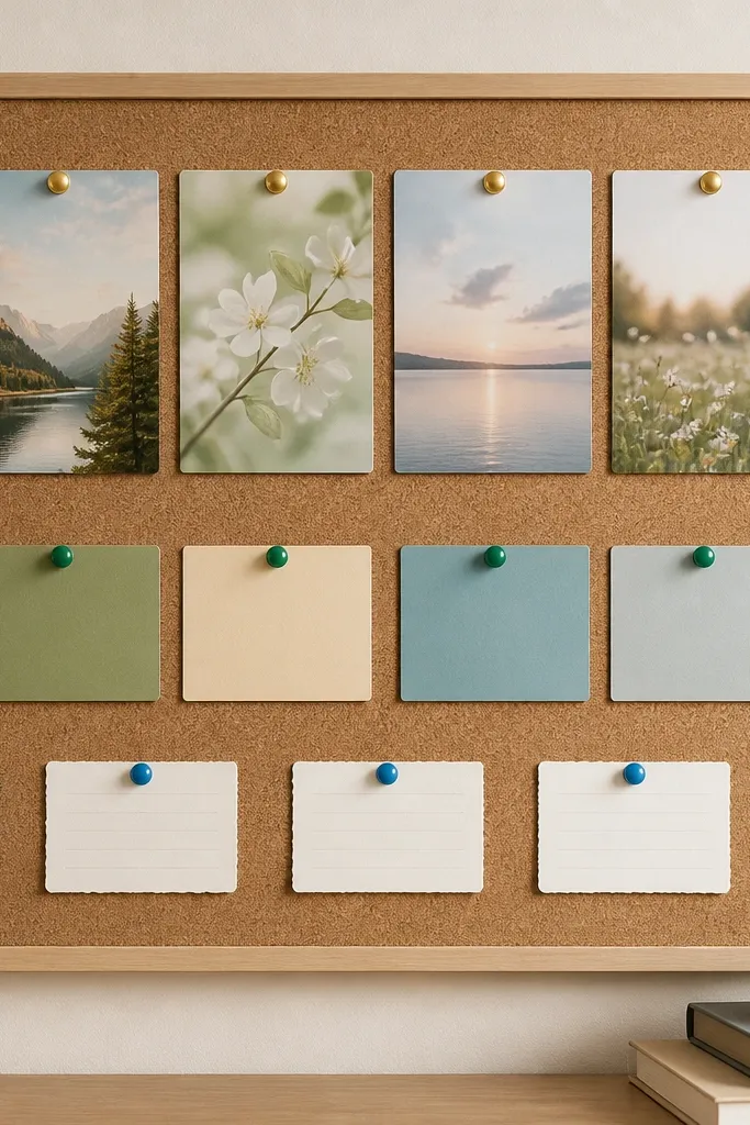Two cork tiles arranged like a rectangle on a light wood frame. Verse cards are pinned in the top row with gold pushpins. Request cards are pinned in the middle row with green pushpins. A bottom row shows a small handwritten card pinned with blue pushpins.