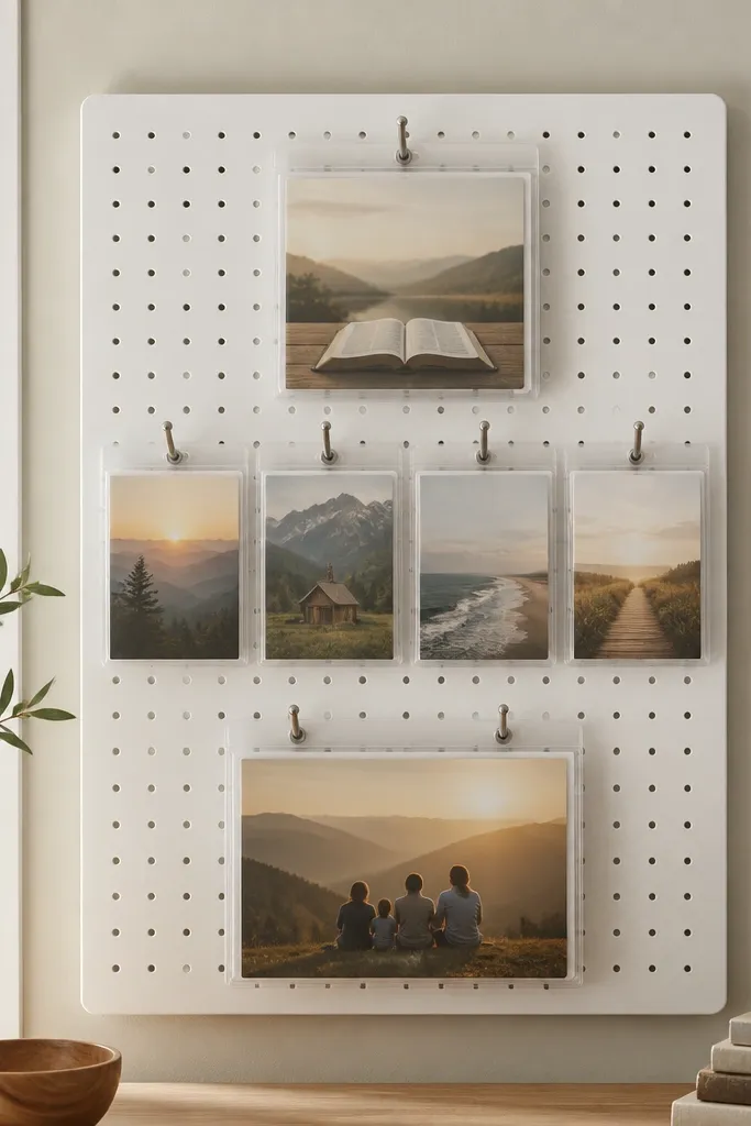 A white pegboard mounted on a wall. Small metal hooks hold laminated mini prayer cards in clear sleeves. The top row holds a "Scripture" sleeve, the middle holds four sleeves for requests, and the bottom holds a larger sleeve for "Family."