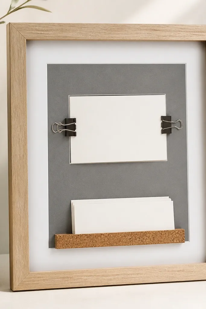 A light wood frame with a white foam core backing. A gray photo mat border creates a centered rectangle. Inside, small 4x6 verse cards are held by two binder clips on the left and right, and request cards sit on a small cork strip at the bottom.
