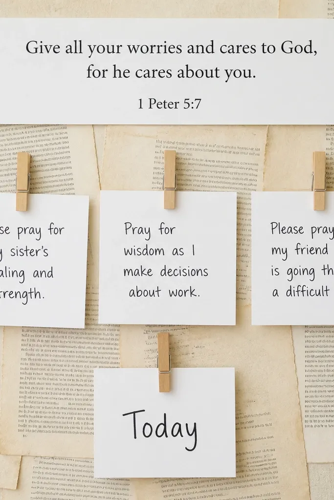 A cream board covered with faded book pages. A clean white strip at the top holds a printed verse. The middle has three request cards clipped with two small wooden clothespins. The bottom has one clipped card labeled "Today" in black marker.