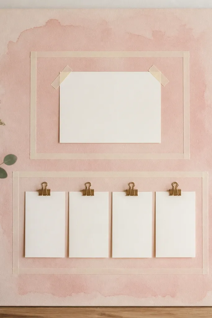 A board painted in a soft blush watercolor wash. Masking tape forms two rectangles like picture frames. Inside the top rectangle is a 4x6 verse card held down with two small tape corners. The bottom rectangle has four 3x4 request cards clipped with mini binder clips.