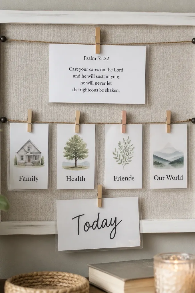A small wall board with two horizontal lines of twine. Several laminated cards hang from the twine with small clothespins. The top card reads "Psalm" with a verse. The middle cards show request topics, and the bottom card says "Today" in bold marker.