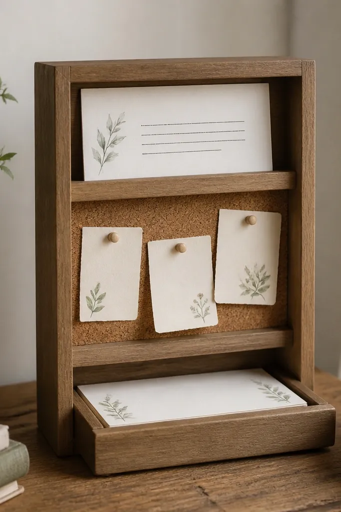 A small shadow box frame with layered cardboard tiers. The top tier holds a printed verse on a light card. The middle tier has a cork panel with pinned requests. The bottom tier has a removable card tray where a "Today" card sits.