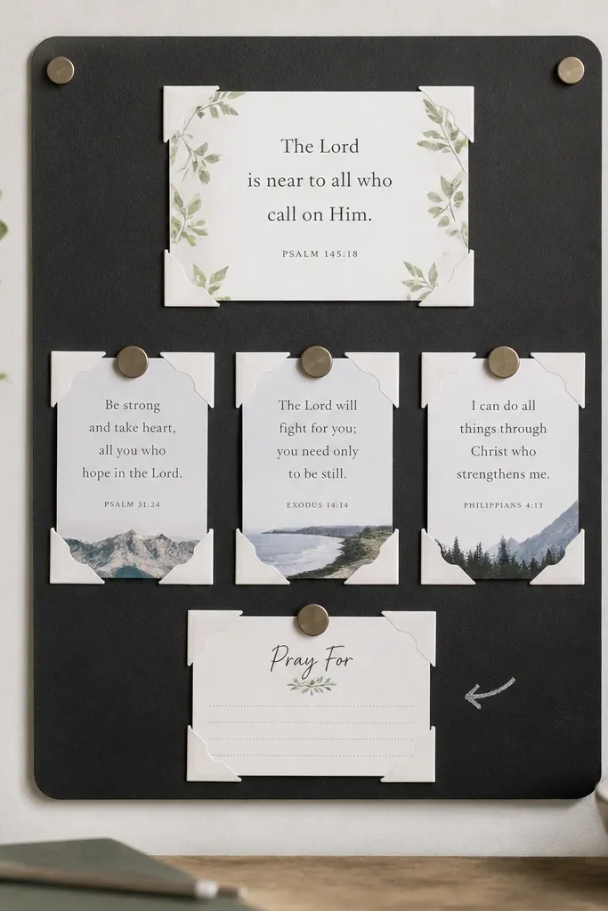 A small matte black chalkboard panel with magnets holding white photo-corner frames. Inside each frame is a printed prayer card. The top center shows a larger verse card. The bottom has a "Pray For" card with a tiny handwritten arrow pointing to it.