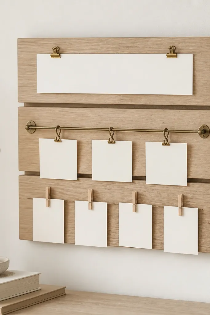 A light oak slat board with three horizontal wooden slats. A metal clip rail runs across the middle holding small cards. The top has a single long verse card pinned with two small clips. The bottom has a row of four tiny cards held by clothespins.