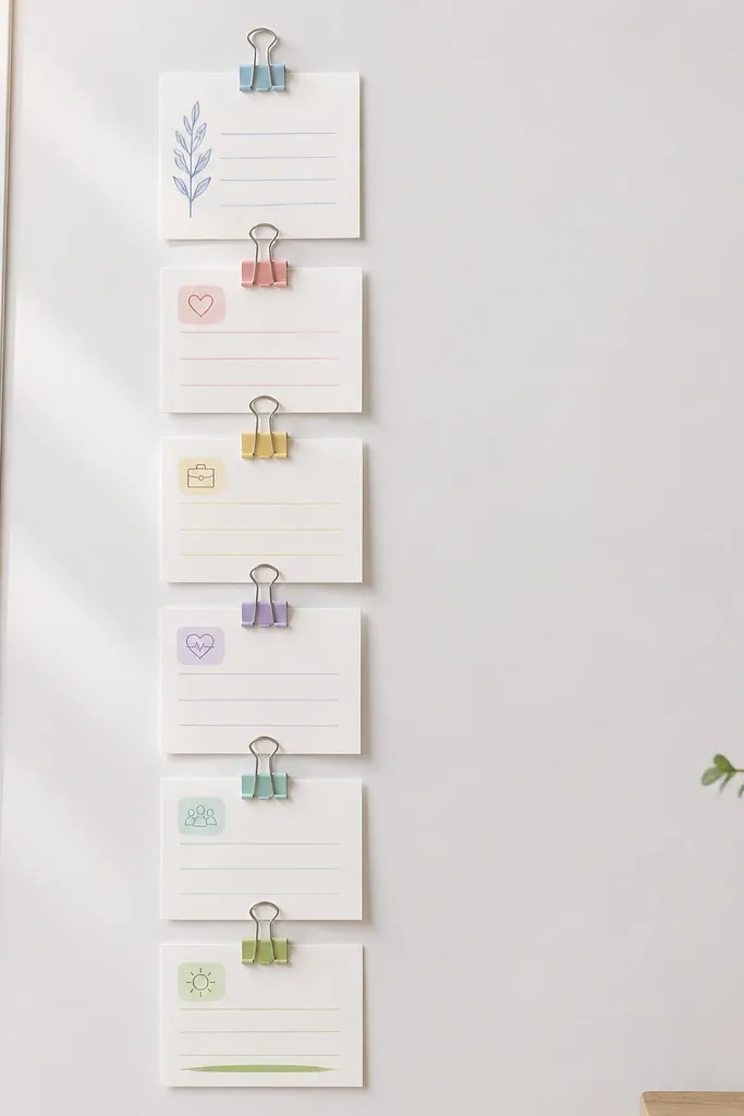 A white board with a vertical stack of five small binder clips in pastel colors. Each clip holds a different 3x4 prayer card. The top clip holds a verse card in blue text. The middle clips hold family, work, health, and friends requests in matching pastel labels. The bottom has a "Today" card with a green underline sticker.