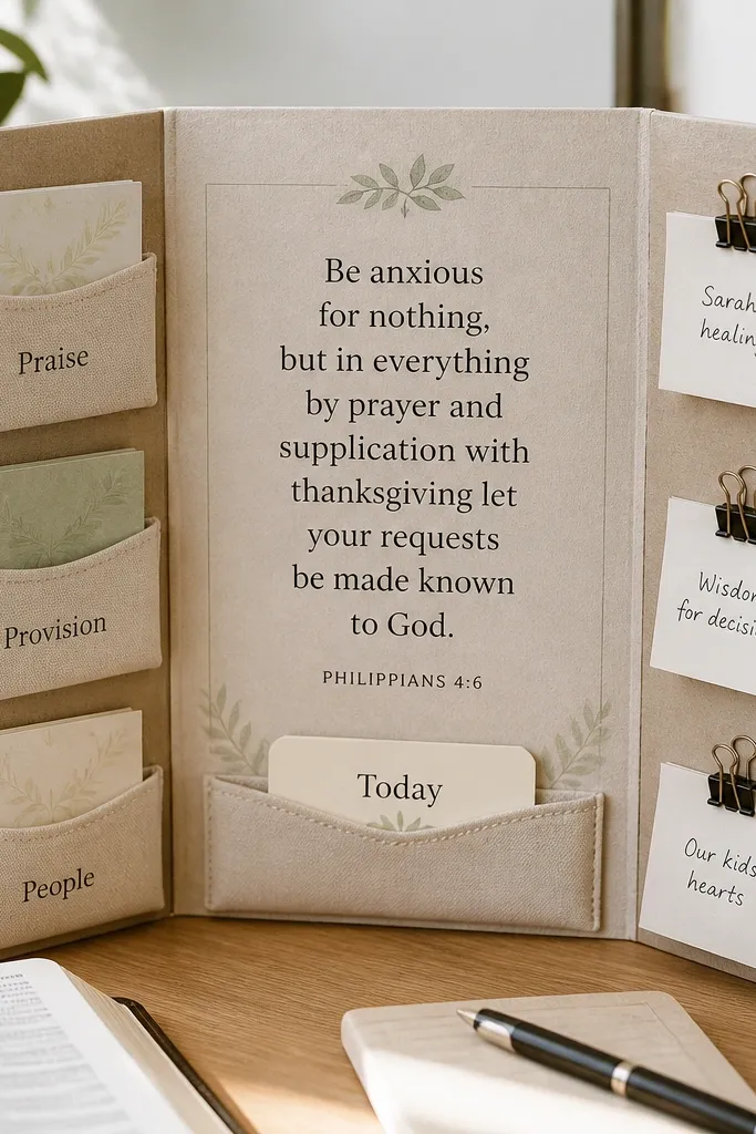A tri-fold cardboard prayer board standing like a tent on a desk. The front panel has a printed verse in the center. The left panel has a row of three cloth pockets with cards peeking out. The right panel has three small binder clips holding folded notes. The bottom has a small "Today" card in a pocket.