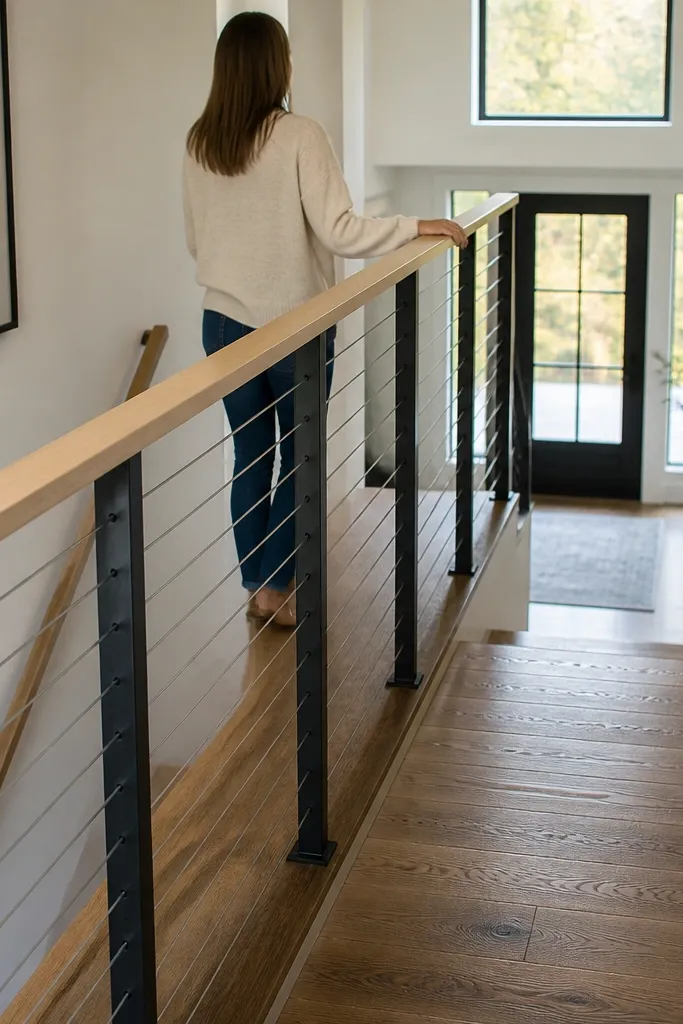 Stair railing with thin steel cables between posts and a light wood handrail