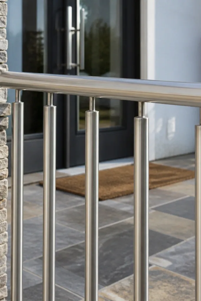 Satin stainless steel stair railing with vertical balusters and a smooth top rail