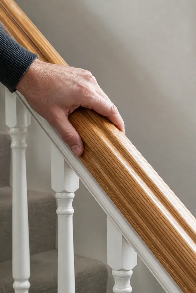 Medium wood stair handrail with smooth finger-groove profile and simple balusters